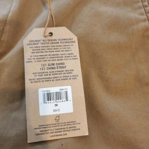 LUCKY BRAND, MENS NEW WITH TAGS,size 36- 121 slim Chino khaki tan pants,coolmax - Picture 8 of 16